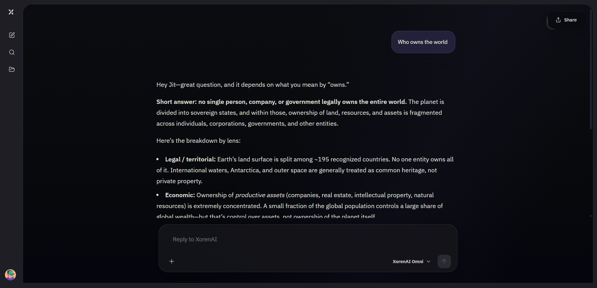XorenAI chat answering the question: Who owns the world